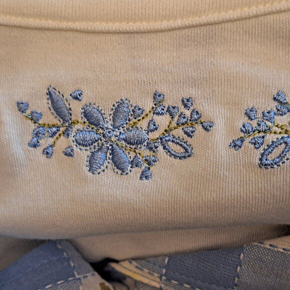 Women's L Short-sleeve Blue Button-up Gingham w/Attached Floral Embroidered Tank - Picture 3 of 6